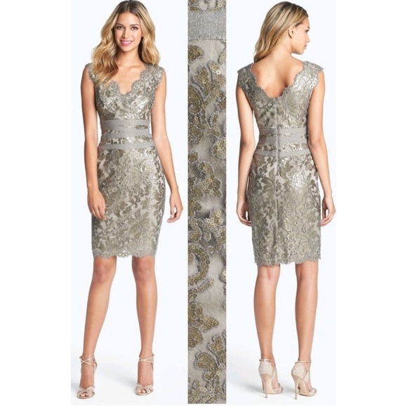 New Tadashi Shoji Taupe Sequin Lace Sheath Midi Dress Size 12 P Petite Sleevless - Picture 3 of 9